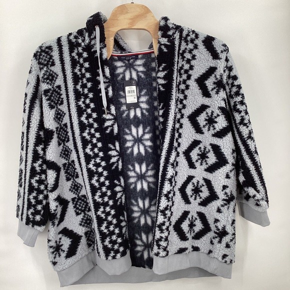 Tommy Hilfiger Open-Front Sherpa Jacket Women's 1X Fair Isle Powder Blue/Navy - Picture 2 of 5